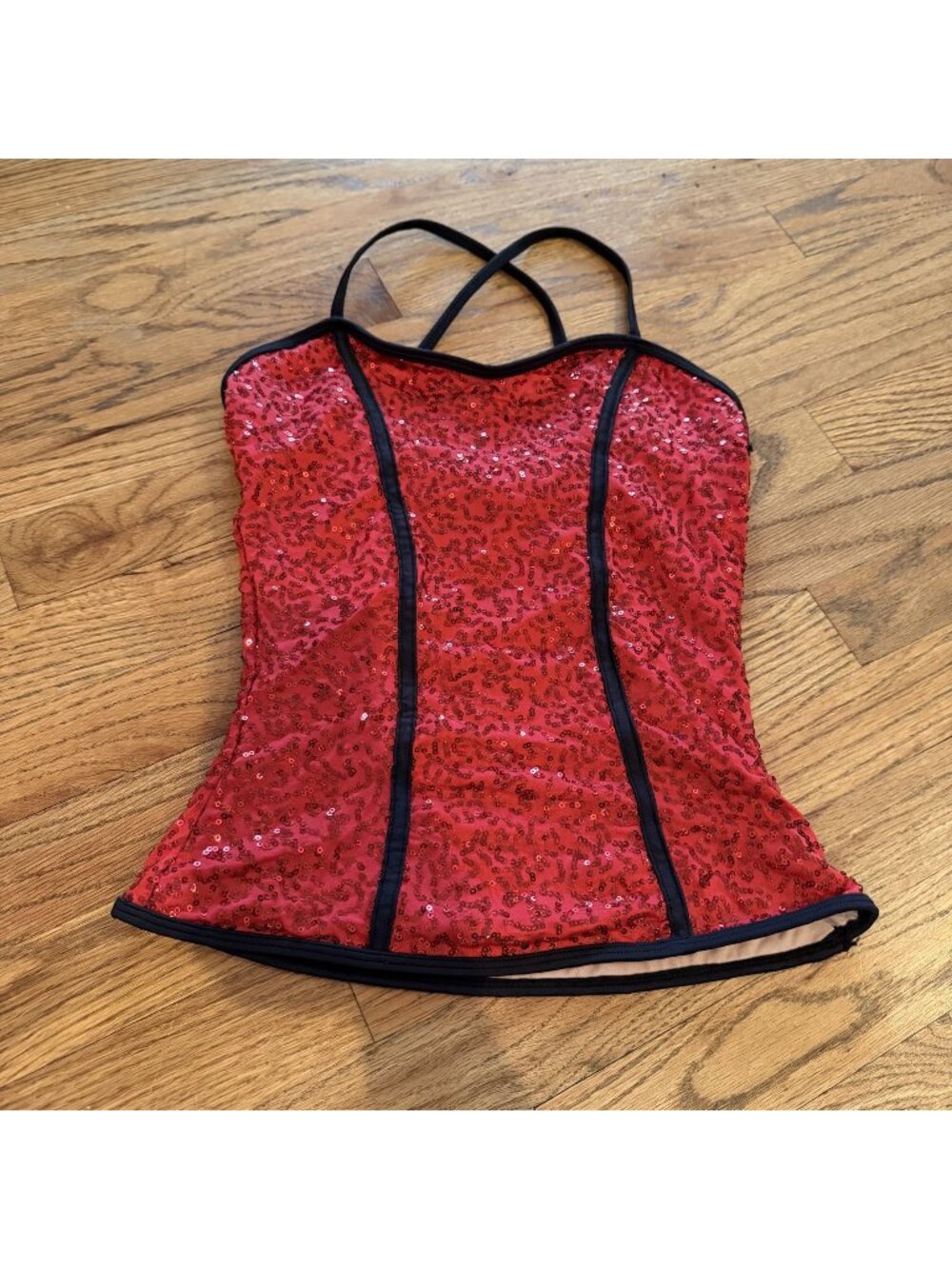 BALERA WOMENS SMALL ADULT RED SEQUIN SHIRT TOP COMPETITION DANCE